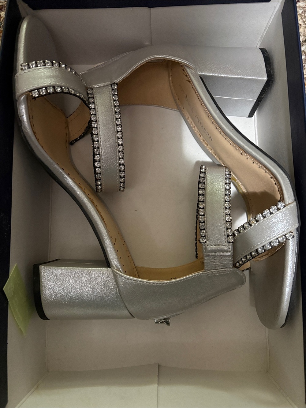Adrienne Vittadini "Asti" Jeweled Strappy sandal rhinestone Heels sz 8.5 sliver